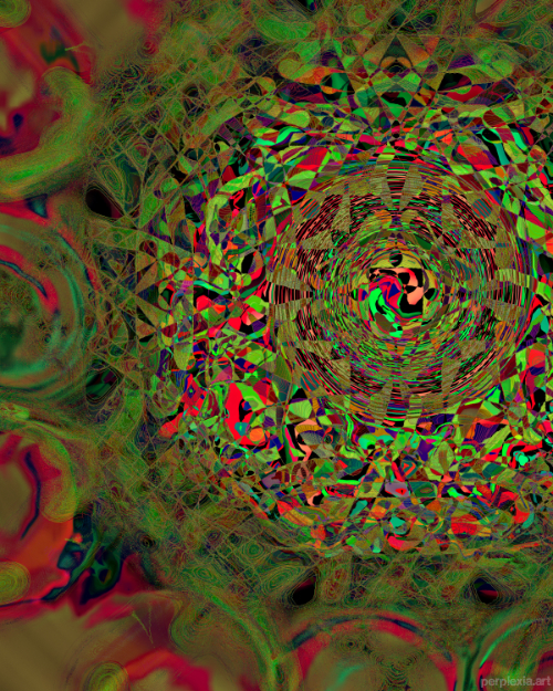 Tapastrone: green, red, and orange abstract digital art of a bunch of swirls and lines and spirals and cycles of different sizes.