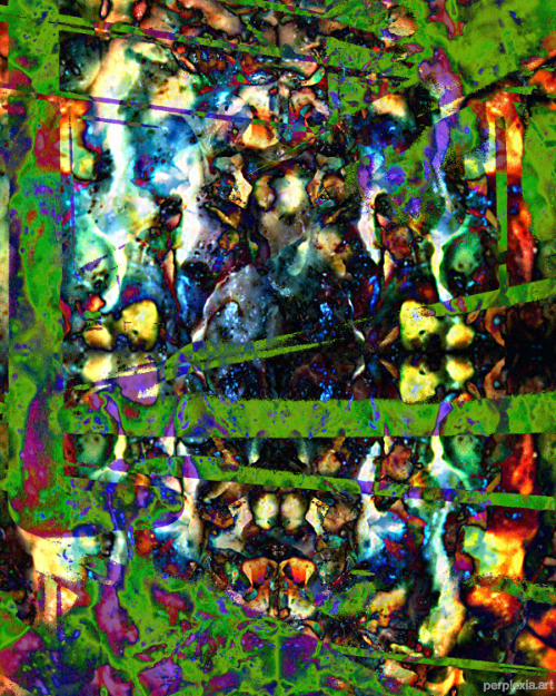 The Riggings: green, blue, black, and yellow/red abstract digital art of a ghostly metaphysical framework behind a star and space nebula background.