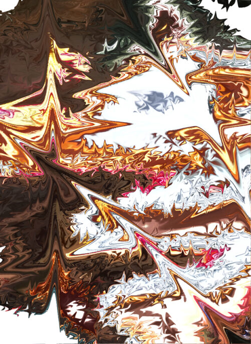 Gold, black, brown, white, and reddish pink abstract test art, lots of sharp spikes and jagged lines, gold highlights.