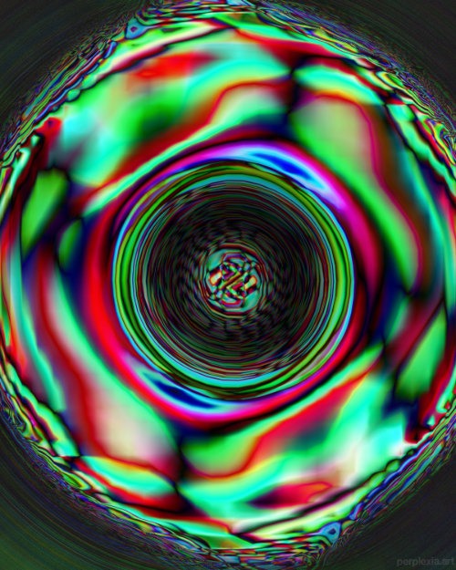 Void Perturbation: green, blue, and red abstract digital art of a big circle leaping off the page, with a smaller hump of color in the middle.