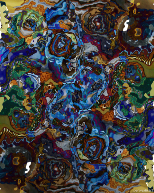 Waste Trash Dump: blue, green, and brown abstract digital art of splotches and swirls and wavy circles and spirals.