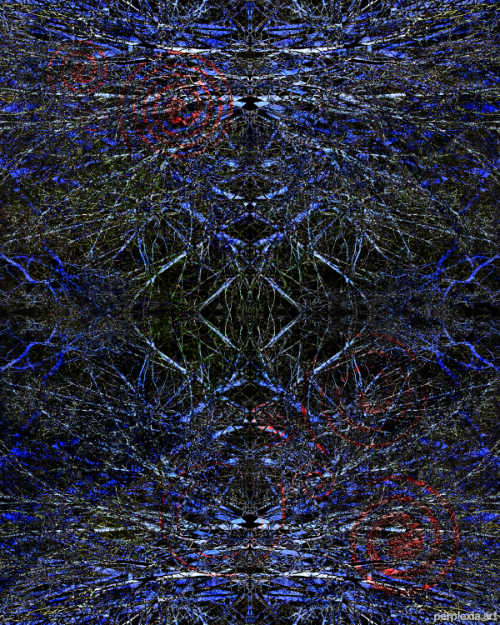 When Quantum Foam Freezes: blue, black and white abstract digital art of crystalline spires and spikes reflecting in four ways with faint red spirals.